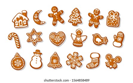 Big set of Christmas and New Year gingerbread cookies. Traditional homemade sugar coated cookies. Cartoon hand drawn vector illustration isolated on white background.