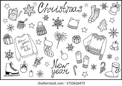 Big set of Christmas and New year elements. Doodle hand drawn vector illustration. Packaging design, seasonal design