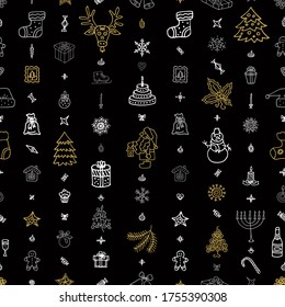Big set of Christmas, New Year design element in doodle style. Traditional symbols of New Year, Christmas decoration, gifts, food. Party doodle elements for design concept of poster, banner, gift card