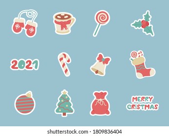 Big set of Christmas, New Year holiday decoration elements vector illustration on background. New Year stickers.