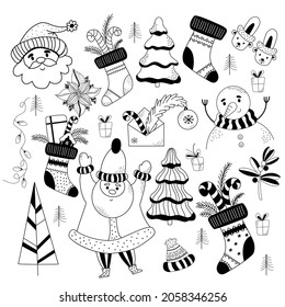 Big set of Christmas and New Year design elements in doodle style. Santa Claus, Snowman, Christmas sock with gifts and Christmas tree. Vector illustration. outline, Hand drawings For Merry Christmas