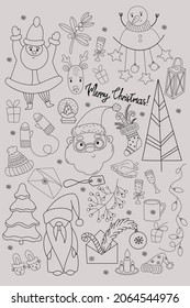 Big set of Christmas and New Year design elements in doodle style. Vector illustration. Isolated. outline, Hand drawings For design and decor postcards Merry Christmas.