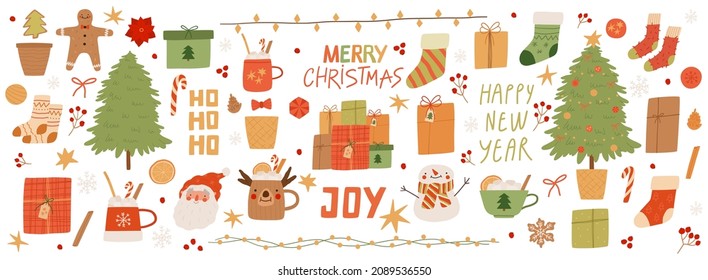 Big set of Christmas and New Year elements. Santa Claus, gingerbread cookies, gifts, snowman, toys, tree, cocoa cups and lettering. Vector cartoon flat illustration.