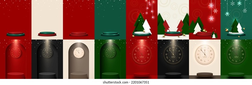 Big Set Of Christmas And New Year Background Designs With Podiums For Product Display And Decorative Objects Festive. Vector Illustration.