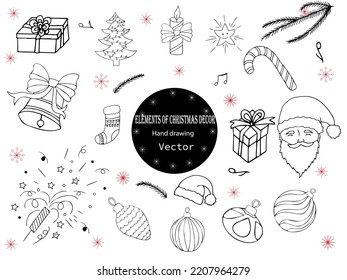 Big set of Christmas and New Year elements: Candle, Santa, snowflakes, Christmas star, gifts, cones, Christmas trees, angels, socks, lollipop, cedar, Christmas decorations.
Hand drawing
Vector
