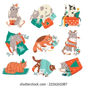 Big set of Christmas and New Year funny cats. Cute cats with garland, giftboxes , sweaters. Collection of cartoon pets for winter seasonal celebration and holidays greetings