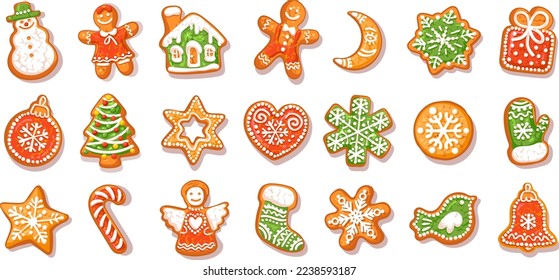 Big set of Christmas and New Year homemade gingerbread cookies coated with colored glaze. Cartoon hand drawn vector illustration isolated on white background.