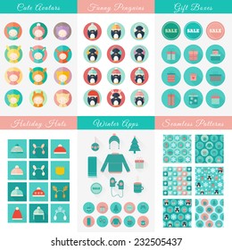 Big set of Christmas and New Year flat vector isolated design elements. Avatars, penguins, gift boxes icons, hats, clothing and seamless patterns on holiday theme