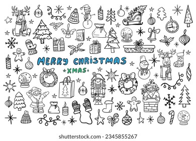 Big set of Christmas and New Year clipart in doodle style. Cute illustration for design, greeting card, decoration, textile. Hand drawn. Vector illustration EPS10. Isolated on white. Winter.