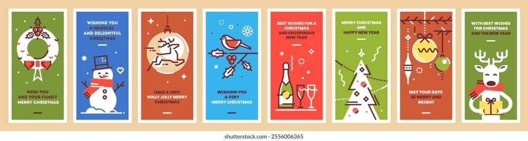 Big set of Christmas and New Year cards. Collection of xmas thin line design templates for print or web. Modern vector illustration.