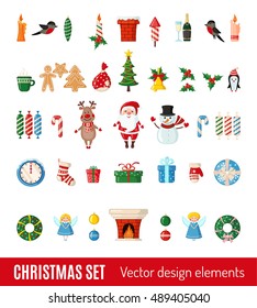 Big set of Christmas and New Year icons in flat style isolated on white background. Vector illustration. Traditional Christmas symbols.