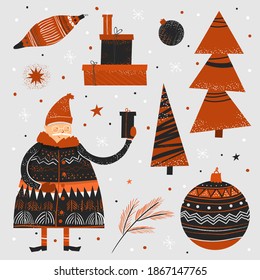 A big set with Christmas objects. Santa Claus, Christmas trees, ball, toys, fir, snowflakes, presents and other winter items. Cute flat vector illustration in hand drawn style.