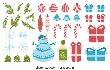 Big set of Christmas objects. Snowflakes, snowman, branches, trees, toys, bells, gifts. Vector hand drawn illustration. Cute objects for banners and graphic design.