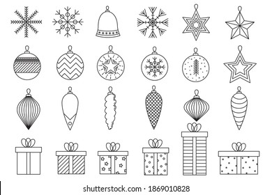 Big set of Christmas outline icons. Balls, snowflakes and gifts isolated on white. Line art. Vector icon for websites, greeting card, mobile minimalistic flat design.