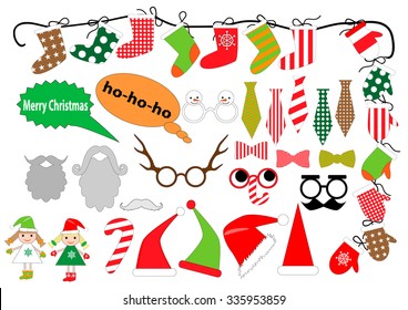 Big set of Christmas Party graphic elements. Christmas  photo booth and scrapbooking  set. Mustache, beard, glasses, cap, sock, mitten, tie -for design, photo booth in vector. 