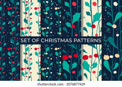 Big set of Christmas patterns. 6 mistletoe vector seamless patterns. Wrapping paper, invitations, wallpaper, fabric.