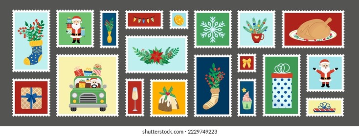 Big set of Christmas postage stamps. Christmas marks. Flat, cartoon. Isolated vector illustration eps 10