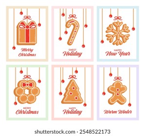 Big set of Christmas posters with gingerbread. Holiday cards with wishes, lettering and congratulations. New Year posters with baubles, balls, homemade gingerbread. Vector illustration