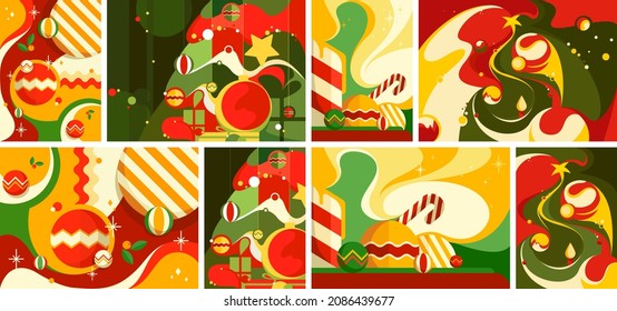 Big set of Christmas posters. Vertical and horizontal placard designs in abstract style.