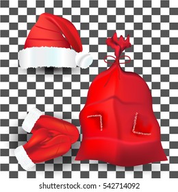 Big set of Christmas red Santa hat, gloves, a bag with gifts. Vector illustration.