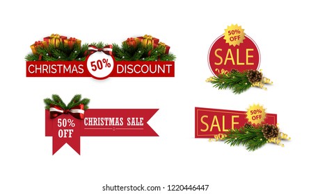 Big set of Christmas Sale banners. Discount labels. Vector holiday shopping illustration