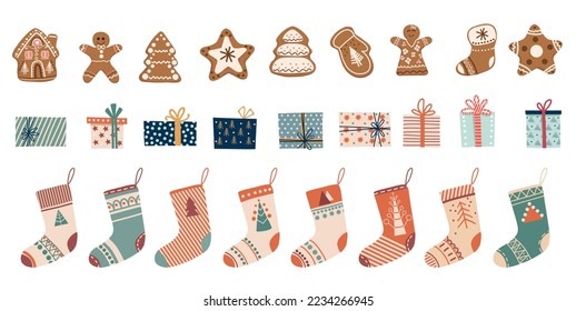 Große Weihnachtssocken, Weihnachtsgeschenke und Ingwer-Kekse. Illustration handgezeichneter Weihnachtselemente für Sricker, Logo, Plakate, Umhüllungen, Muster, Symbole, Web, Logo, Druck, Emblem, Etikett