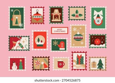 Big set of Christmas stamp stickers.Vector illustration