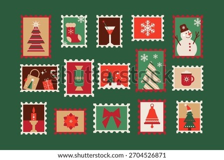 Big set of Christmas stamp stickers.Vector illustration