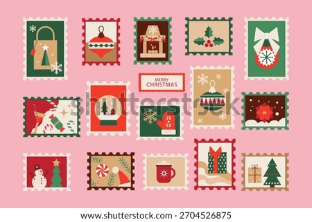 Big set of Christmas stamp stickers.Vector illustration