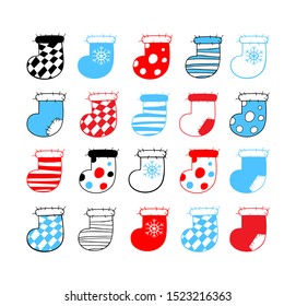 Big set of Christmas stockings with square, stripe and snowflake patterns. Collection of hand drawn cartoons on a white background. Vector illustration of winter symbols.