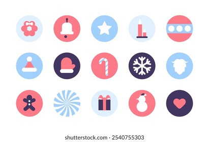 Big set of Christmas traditional symbols. Set of Christmas baubles in flat style. Collection of balls with Christmas symbols. Merry Christmas and Happy New Year concept. Vector illustration