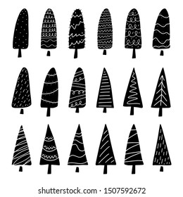 Big set of Christmas tree, design doodle elements. Vector hand drawn illustration. Isolated objects. black and white color.