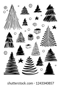 Big set of Christmas Tree doodle. Hand drawn vector conceptual black and white graphic sketch illustration. Isolated stock elements for design