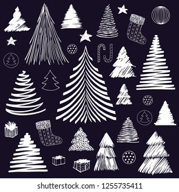 Big set of Christmas Tree doodle. Hand drawn vector sketch. Isolated elements for New Year and Christmas holiday design, postcard, greeting card, invitation, banner, sticker. White line on black