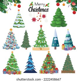 Big set of Christmas trees. Christmas trees decorated with balls and garlands, Christmas trees in the snow. Cartoon and flat style