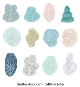Big set of Christmas trees design doodle elements. Vector hand drawn illustration. Isolated objects.