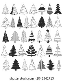 big set of Christmas trees. Doodle style Christmas trees.
