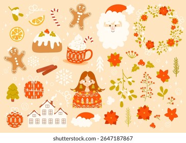 Big set of Christmas vector elements - Santa face, gift box, gingerbread, candy cane, mistletoe, holly berry. Colorful hand drawn flat cartoon winter holiday stickers. Isolated on pastel background