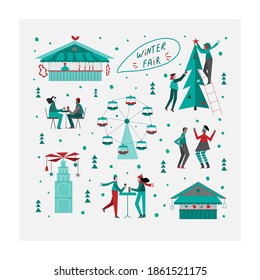 Big set of Christmas winter market objects and people. Cute happy characters eating, decorating a tree, having fun. Christmas celebration concept. Vector illustration.
