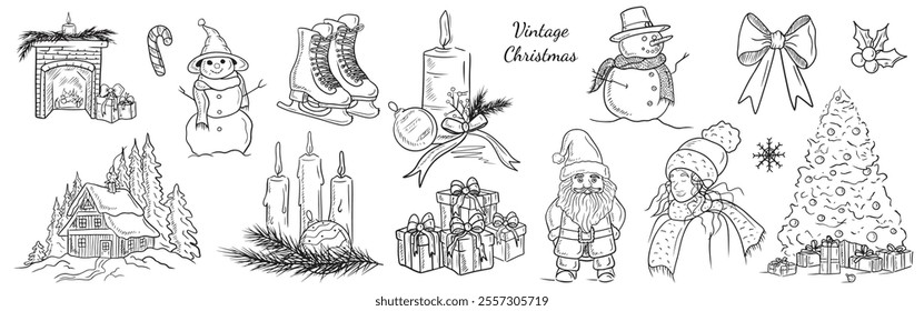 Big set of Christmas winter symbols. Christmas tree, skates, snowman, burning candles, gift boxes santa claus inm black on white. Hand drawn vector sketch illustration in doodle vintage style