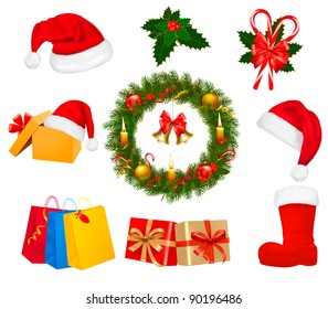 Big set of Christmas wreath with christmas tree and candle. Vector illustration.