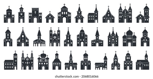 Big set of Church black icon. Vector illustration religion architecture building silhouette on white background. Isolated black collection icon church. Urban elements 