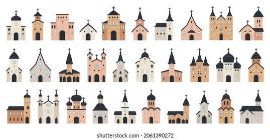 Big set of Church icon. Flat collection of church icons for web design. Vector illustration religion architecture building on white background. Urban elements 