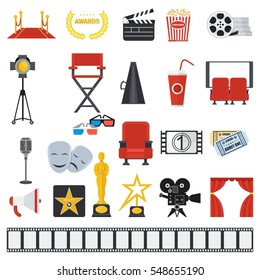 Big big set of cinema icons. Flat vector cartoon illustration. Objects isolated on a white background.