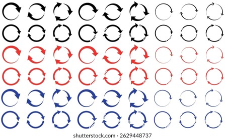 A Big set of circle arrows, round, refreshing, rotating, and recycling arrow icon set, refresh, repeat, arrow Vector illustration. Different circular arrows