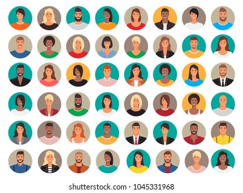 Big set of circle avatars. 48 persons, people heads different nationality. Vector design, characters in flat style.