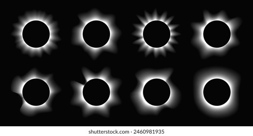 Big set of circle illuminate frames with gradient. Eight white round neon banners isolated on black background. Vector illustration