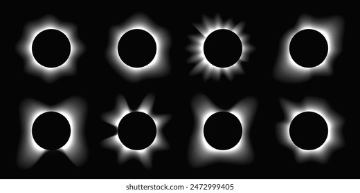 Big set of circle illuminate frames with gradient. Eight white round neon banners isolated on black background. Vector illustration