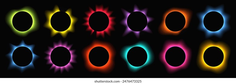 Big set of circle illuminate frames with gradient. Twelve multi-colored round neon banners isolated on black background. Vector illustration