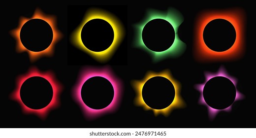 Big set of circle illuminate frames with gradient. Eight multi-colored round neon banners isolated on black background. Vector illustration